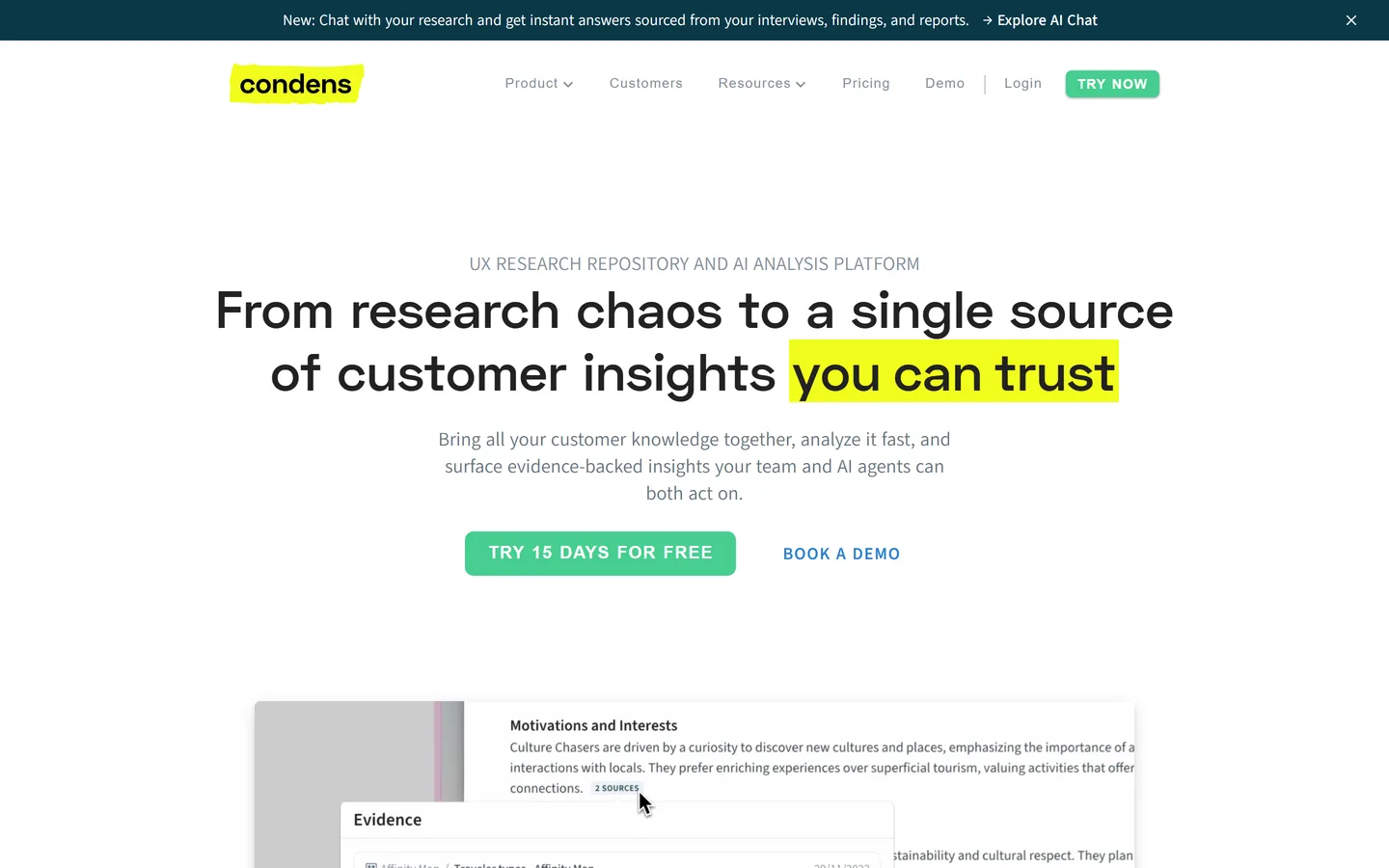 Condens homepage — a research repository for storing, tagging, and analyzing customer interviews