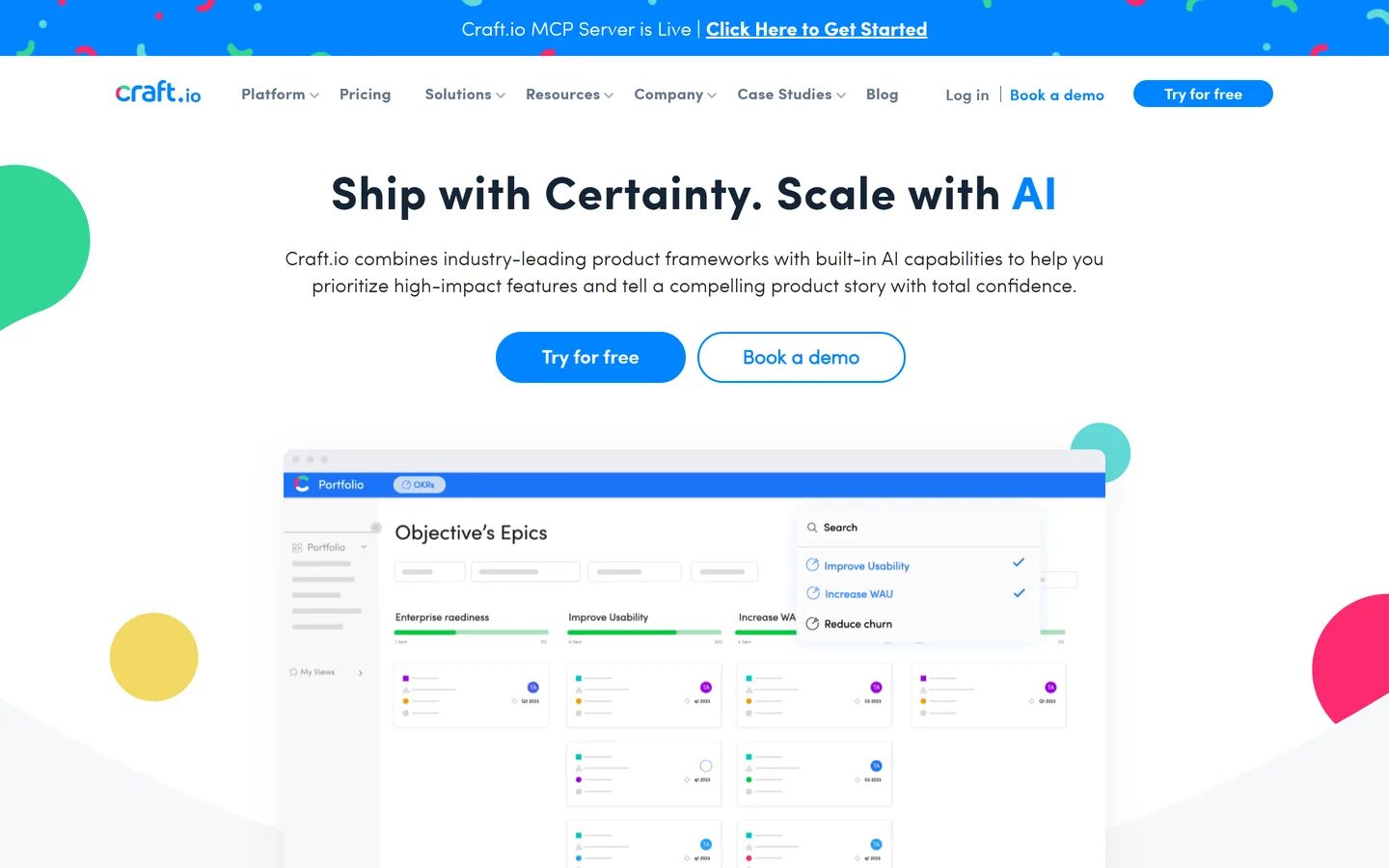Craft.io homepage — product management platform with prioritization