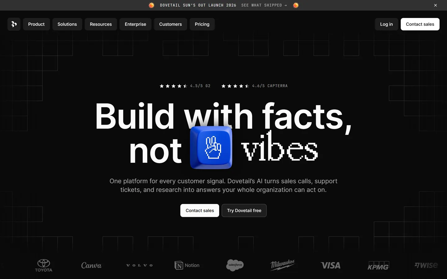 Dovetail homepage — the market-leading customer research repository for research teams