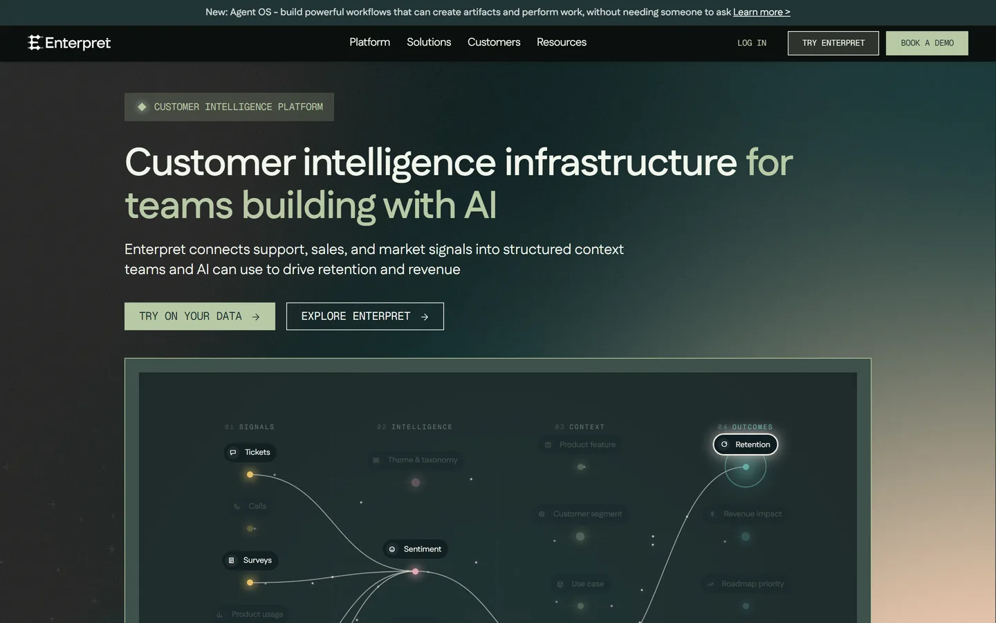 Enterpret homepage — unified customer feedback analytics across support, reviews, and surveys