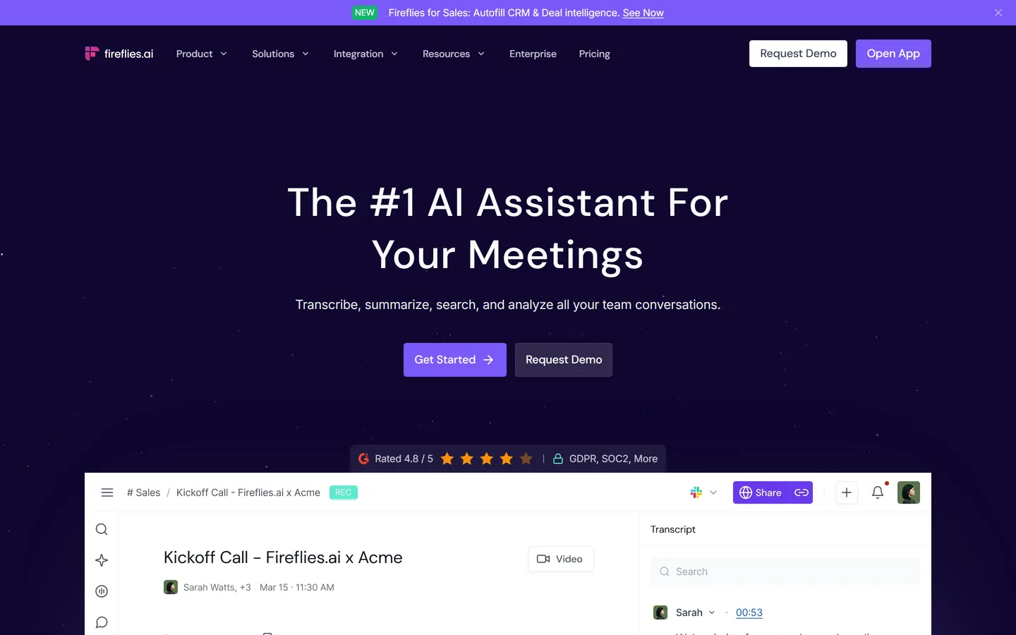 Fireflies.ai homepage — free AI meeting recorder with shared team search