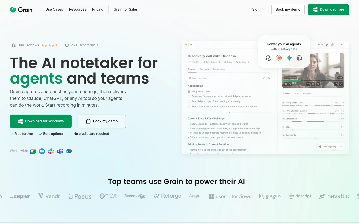 Grain homepage — free AI meeting recorder with highlight clips