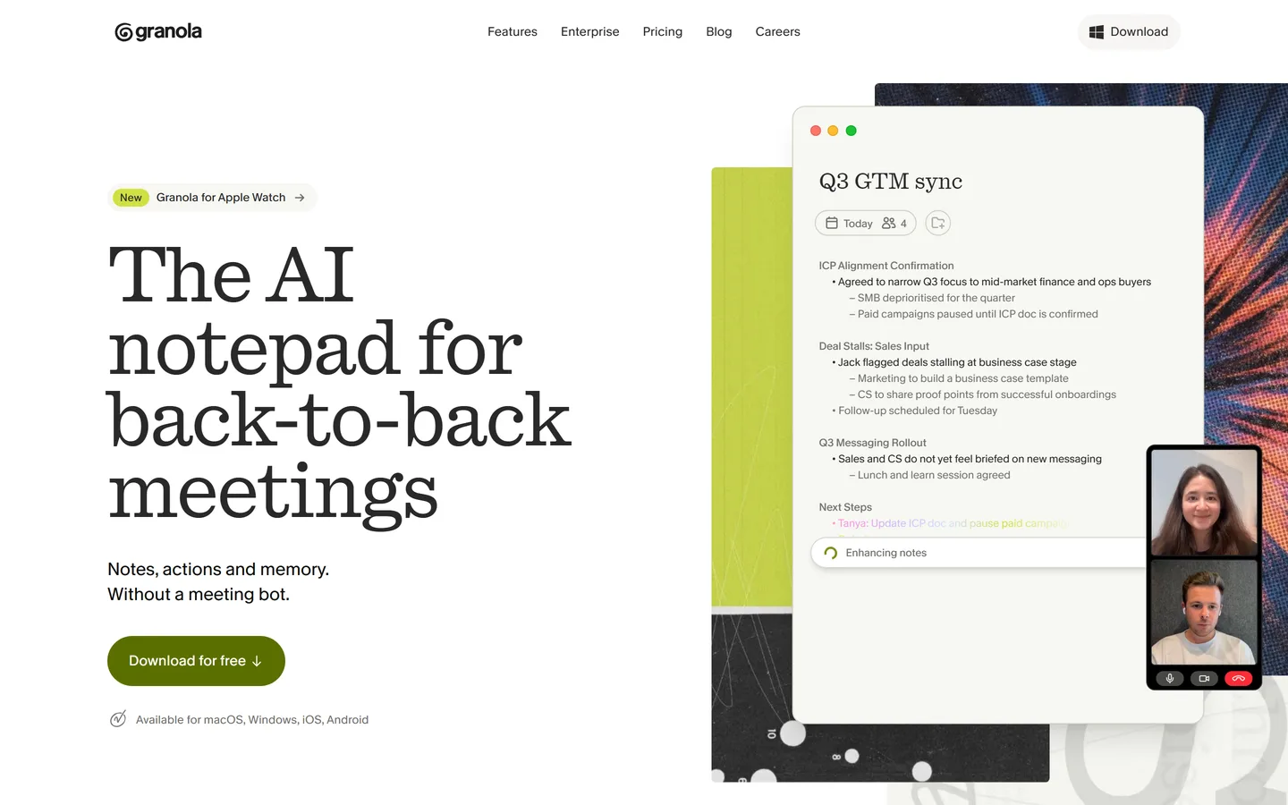 Granola homepage — free AI notepad that records without a meeting bot
