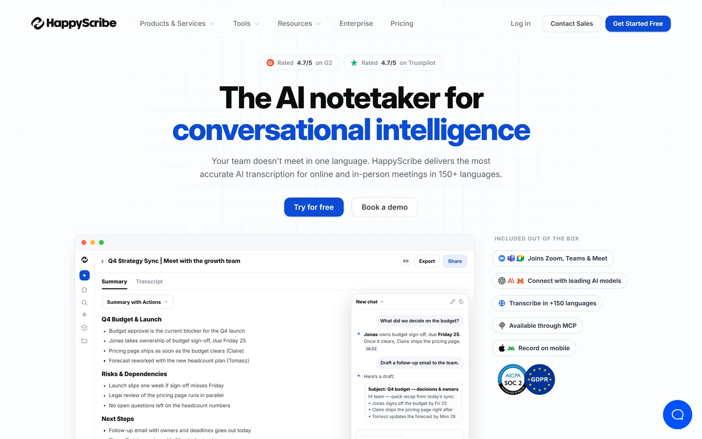 Happy Scribe homepage — machine and human transcription with subtitles