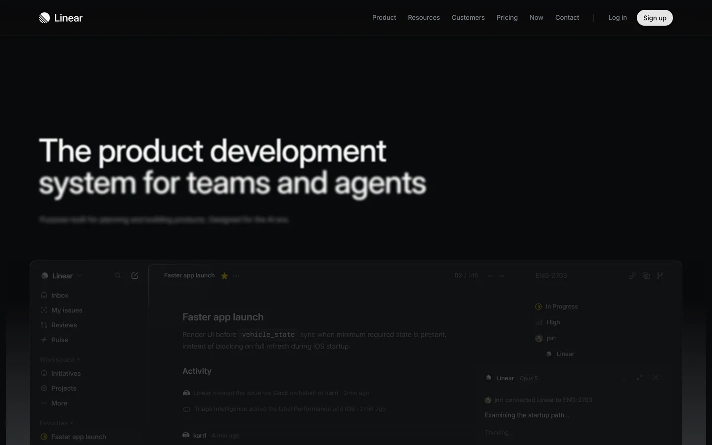 Linear homepage — issue tracking with roadmap and initiative views
