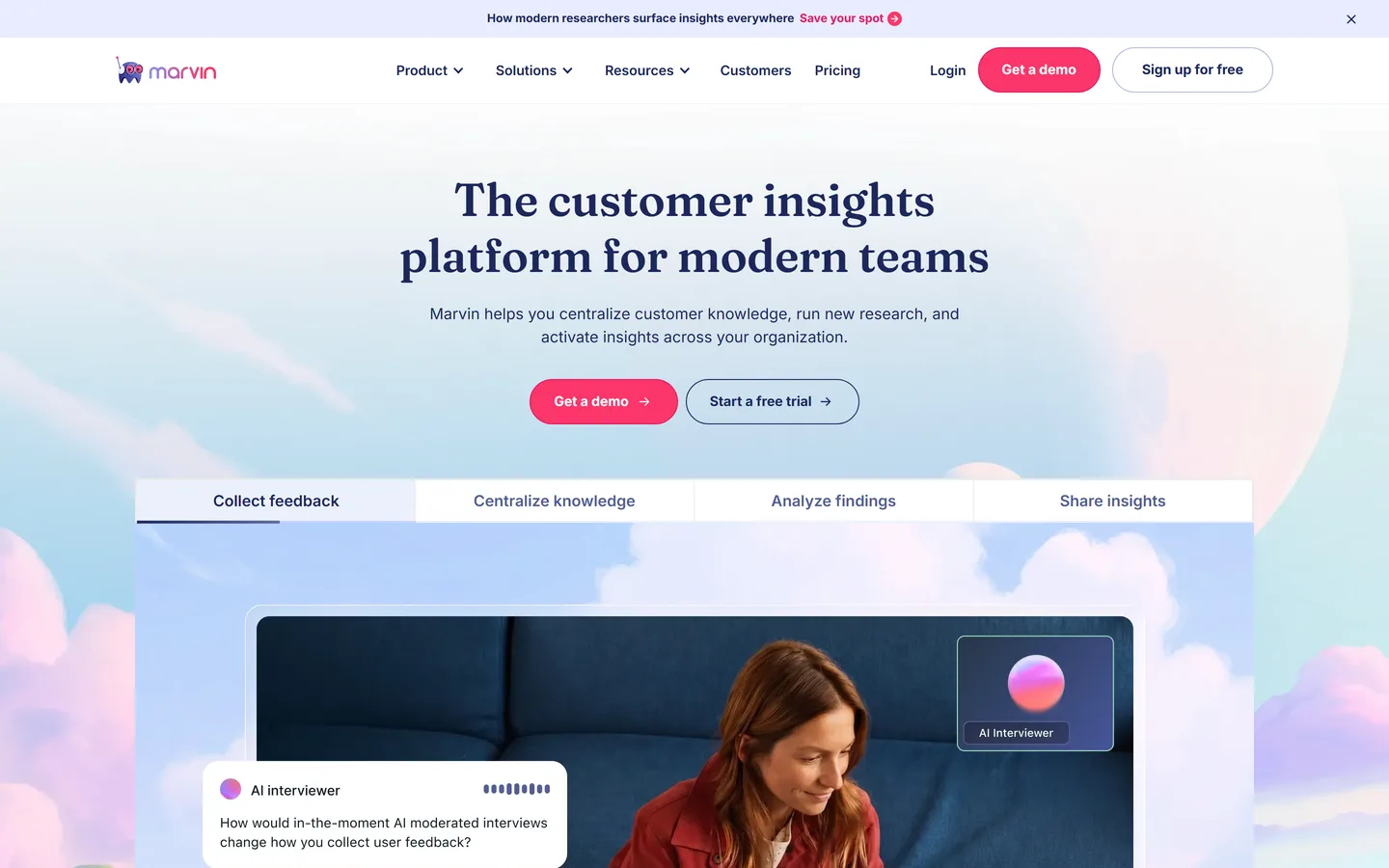 Marvin homepage — AI-powered user research repository