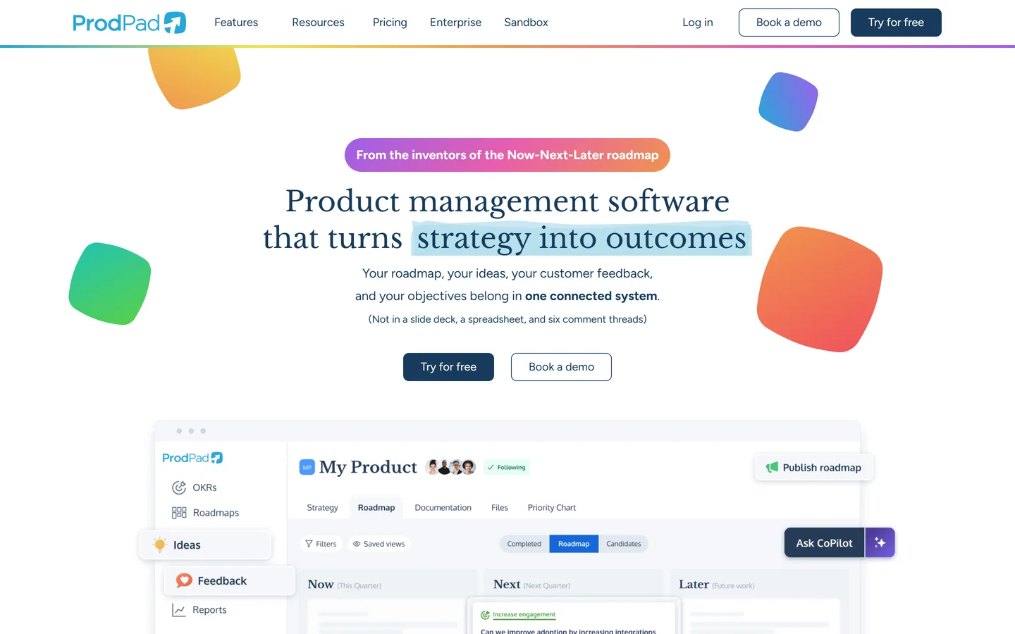 ProdPad homepage — now-next-later product roadmaps and idea management
