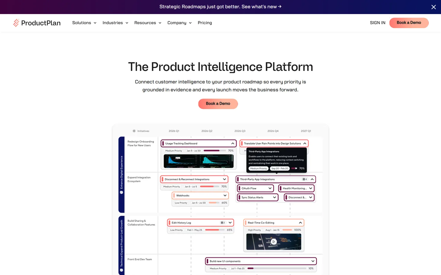 ProductPlan homepage — timeline and swimlane product roadmaps