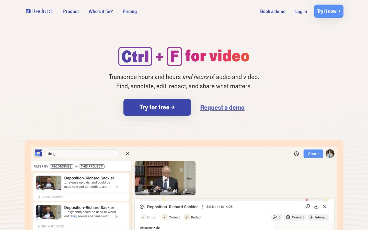 Reduct homepage — searchable research video archive edited by transcript