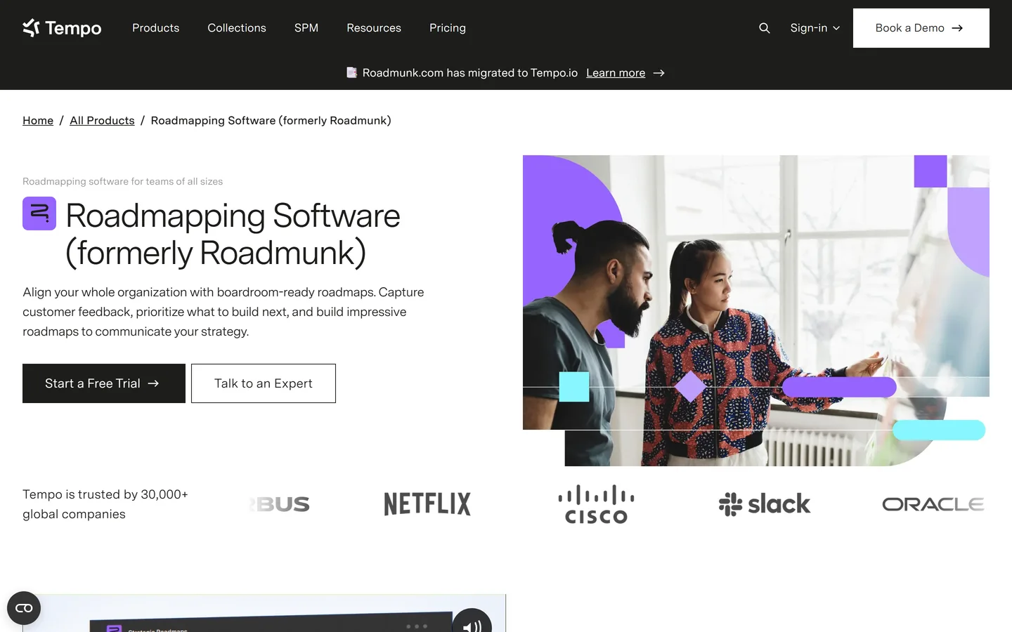 Roadmunk homepage — product roadmap visualization in multiple formats