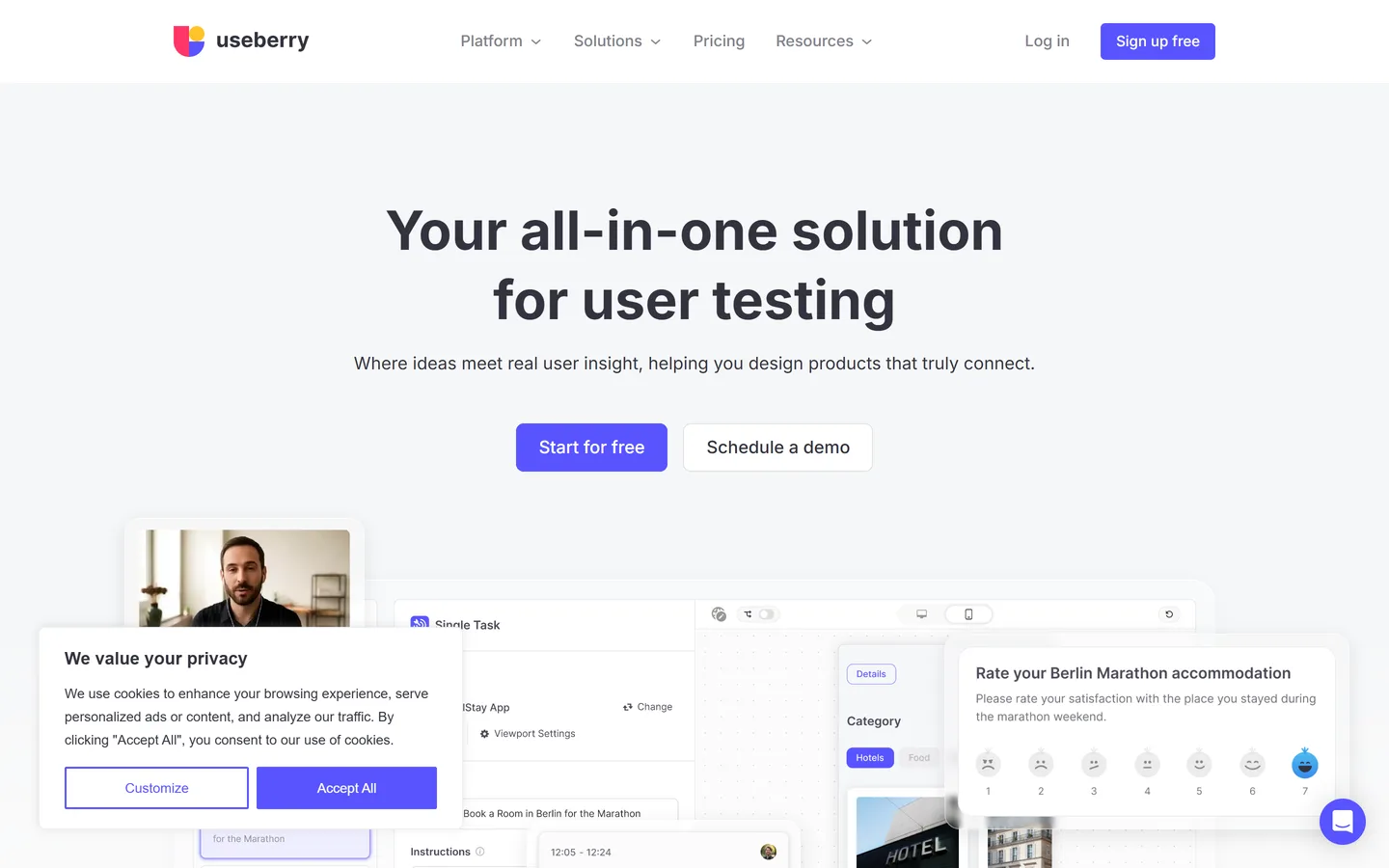 Useberry homepage — prototype and website testing with a free plan