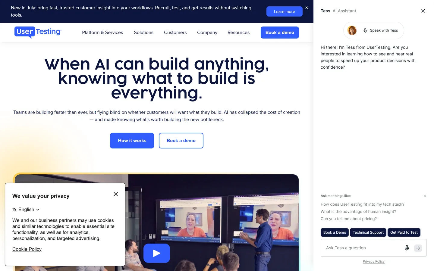 UserTesting homepage — enterprise usability testing with a large participant panel