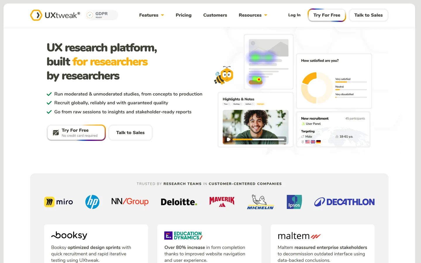 UXtweak homepage — UX research platform with a free plan for usability testing