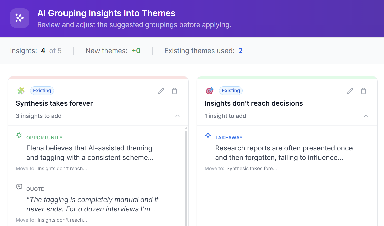 Intervool AI grouping insights into themes