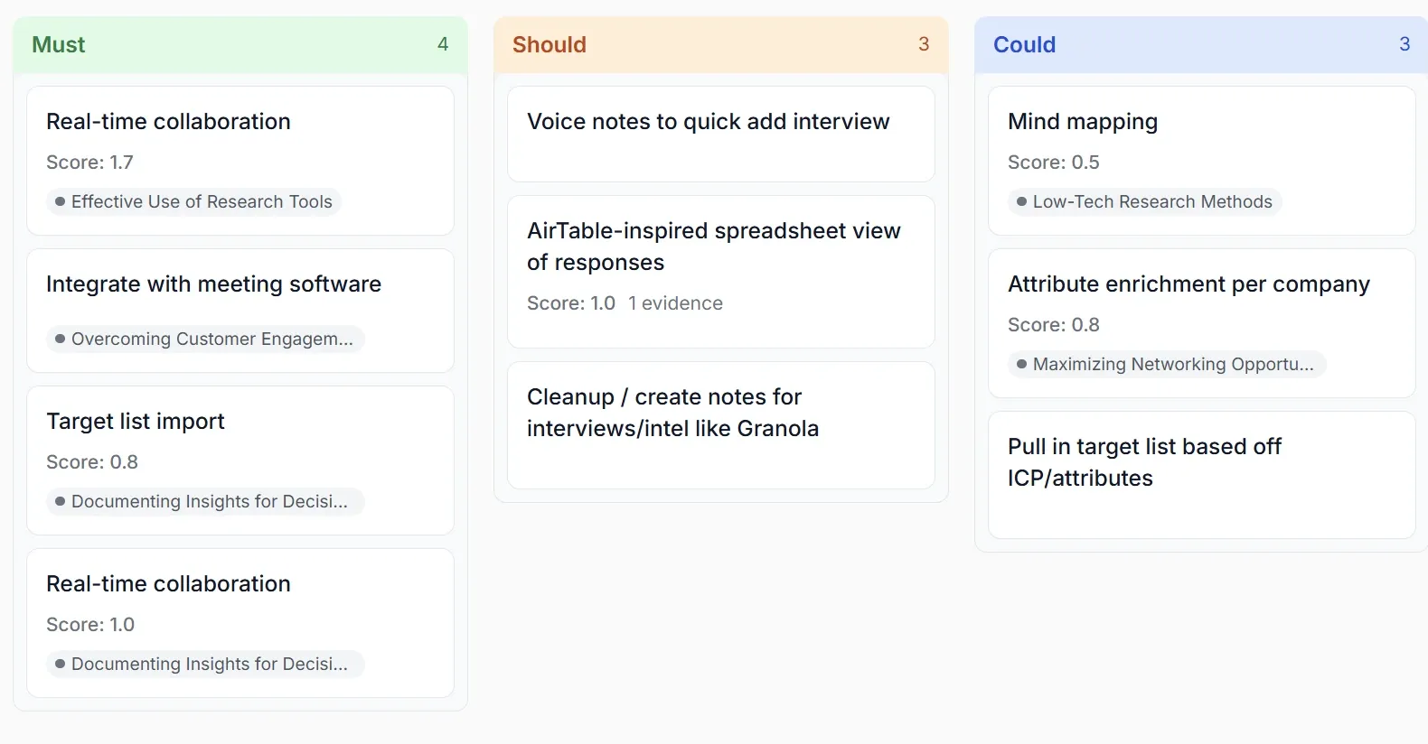 Intervool roadmap — feature ideas organized into MoSCoW swimlanes