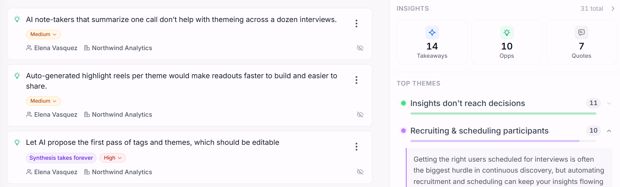 Intervool insights — pain points, opportunities, quotes, and feature requests pulled from every call into one place, each linked back to the person, company, and moment it came from