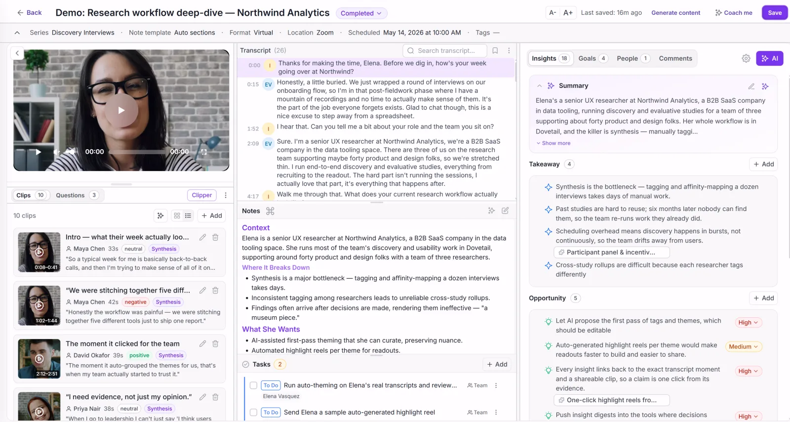 Intervool customer interview view with video, full transcript, and AI-extracted takeaways