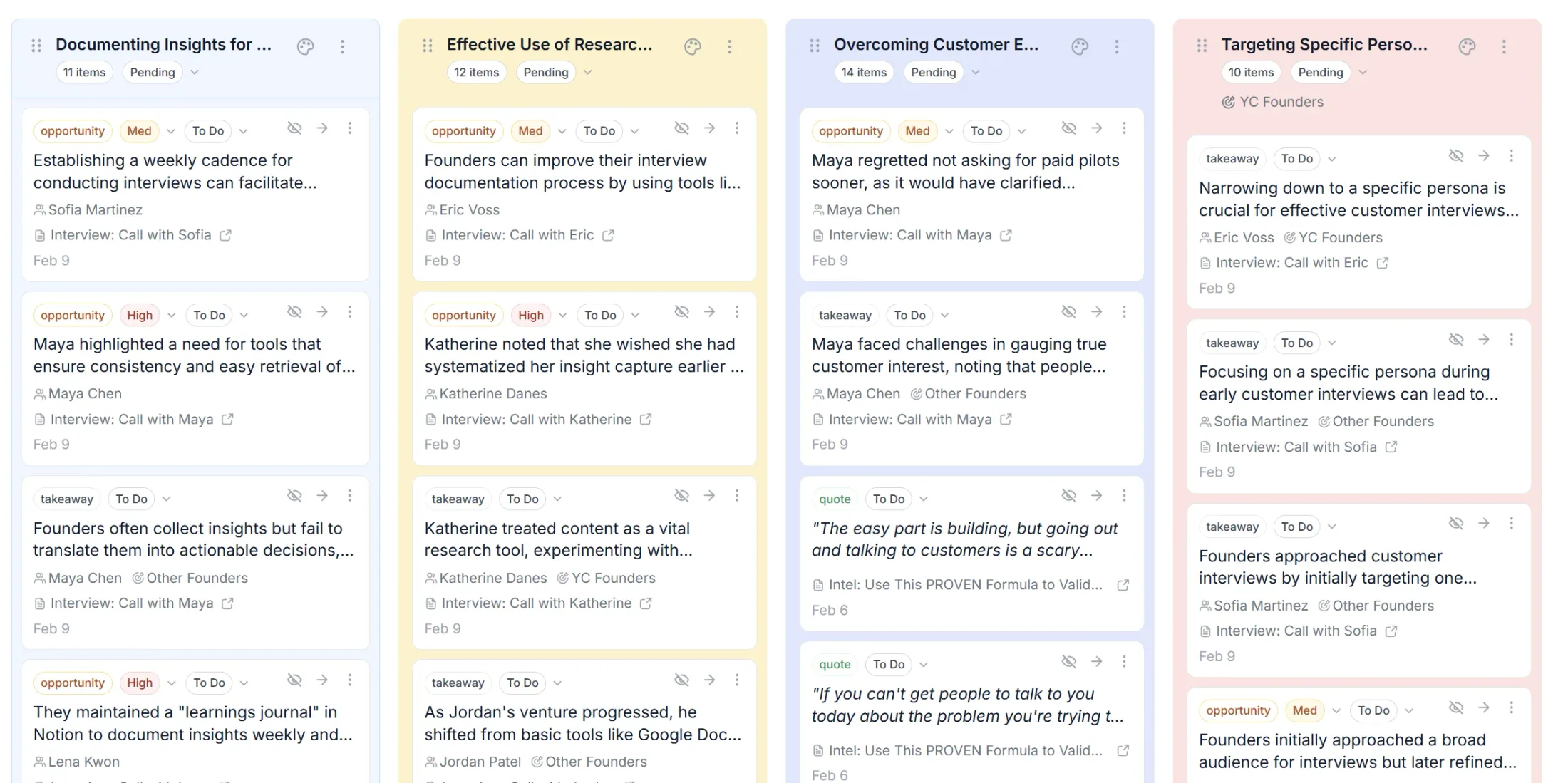 Intervool themes board — insights clustered into evidence-linked themes