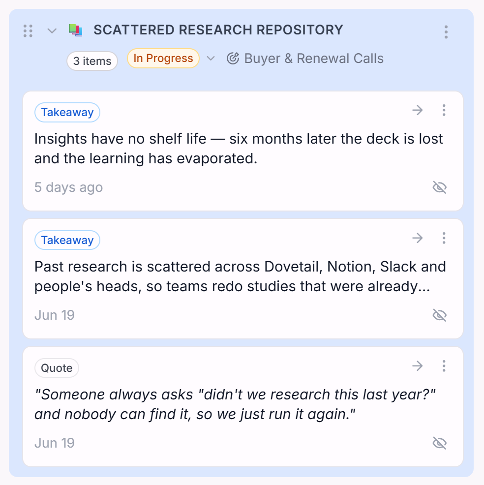 Intervool theme — Scattered Research Repository, grouping takeaways and a customer quote about research getting lost across tools